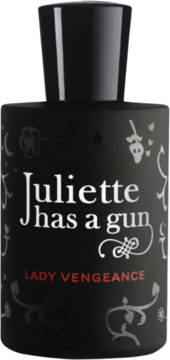 Czarna butelka perfum Juliette has a gun Lady Vengeance z białym logo, czerwonym napisem i ozdobnymi wzorami.