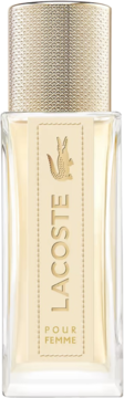 Perfumy Lacoste Pour Femme w butelce z beżową etykietą, złotym krokodylem i teksturowaną nakrętką, widok z przodu.