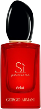 Czerwona szklana butelka perfum Giorgio Armani Sì Passione Éclat z błyszczącą czarną nakrętką, widok z przodu.