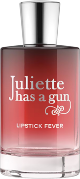Flakon perfum Juliette has a gun Lipstick Fever, szklany, z gradientem od czerwieni do różu, srebrnym korkiem i napisami.