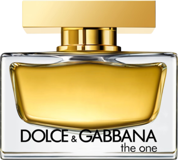 Dolce & Gabbana The One, złote perfumy w prostej butelce z prostokątną złotą nakrętką. Widok z przodu.