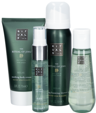 Zestaw Rituals The Ritual of Jing: 4 zielone produkty relaksujące, krem, olejek, pianka, mgiełka, ukośnie.