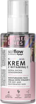 Różowy krem So!flow z witaminą C, liczi i arbuza, w butelce z pompką do cery suchej, widok z przodu.