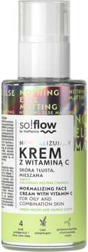 Krem normalizujący so!flow z witaminą C, zapach zielonego melona i mango, zielona butelka, widok z przodu.