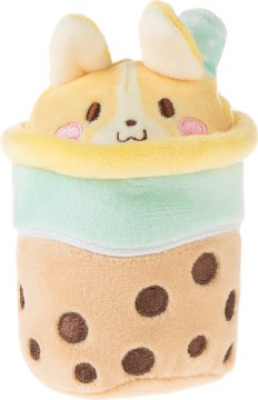 Pluszak Bubble Tea Bąbluś "Liczi Korgi": beżowy piesek wystający z miętowo-brzoskwiniowego kubka z bąbelkami.