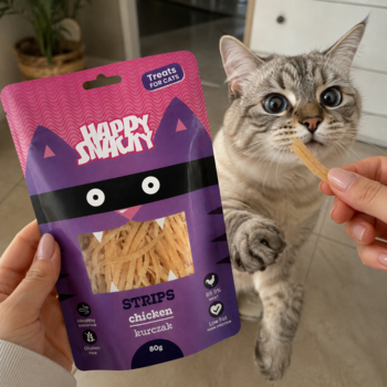 Kot z podniesioną łapą je Happy Snacky Mini paski z kurczaka. Fioletowo-różowe opakowanie 80g, przysmaki dla kota.