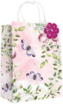 Torba prezentowa 26x10x32cm, różowa w akwarelowe motyle i kwiaty, z fuksjową zawieszką, widok z przodu.