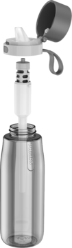 Szara butelka filtrująca Philips GoZero Daily 660ml. Pokrywka otwarta, widoczny biały filtr wody.