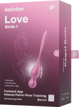 Różowe opakowanie Satisfyer Love Birds 1 z wibrującymi kulkami Kegla do treningu dna miednicy, widok pod kątem.