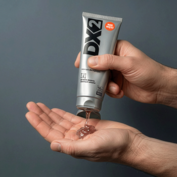 DX2 szampon przeciw siwieniu ciemnych włosów w srebrnej tubce, wyciskany jako żel do otwartej dłoni.