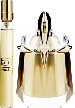 Zestaw Mugler Alien Goddess EDP: złota butelka 30ml o unikalnym kształcie i smukły atomizer 10ml.
