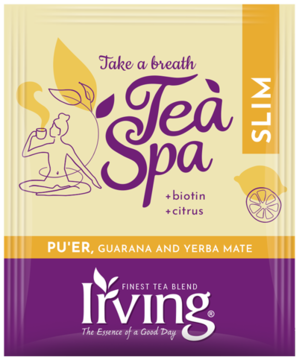 Irving Tea Spa Slim tea sachet, yellow-purple design. Contains Pu'er, guarana, yerba mate, biotin, and citrus.