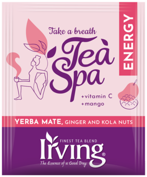 Irving Tea Spa Energy, Yerba Mate mango herbata w różowo-fioletowej saszetce, widok z przodu.