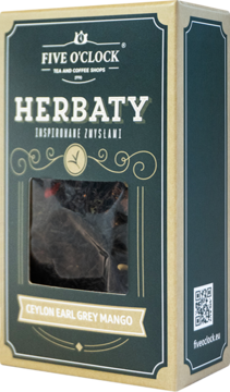 Kartonowe opakowanie herbaty Five O'clock Ceylon Earl Grey Mango, ciemnozielone z beżową ramką, widok z przodu i boku, z okienkiem.