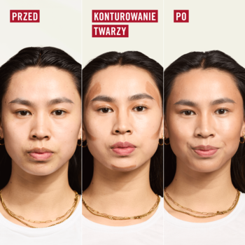 Kobieta przed, w trakcie i po konturowaniu twarzy bronzerem Rimmel Multi-Tasker. Podkreślone rysy, naturalny blask cery.