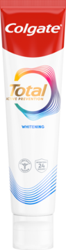 Colgate Total Active Prevention Whitening pasta do zębów w białej tubce z czerwoną górą, widok z przodu.