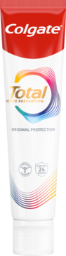 Biała tubka pasty Colgate Total Active Prevention z czerwonym wieczkiem, logo i ikoną 24h ochrony, widok z przodu.