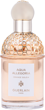 Aqua Allegoria Orange Soleia EDT Guerlain. Pomarańczowa butelka z miodowym wzorem i złotą nakrętką.