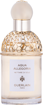 Guerlain Aqua Allegoria Nettare Di Sole, damska woda toaletowa w szklanej butelce ze złotym korkiem o strukturze plastra miodu.