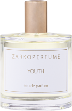 Zarkoperfume Youth eau de parfum, szklana butelka z jasnym płynem i beżową zakrętką, widok przód.