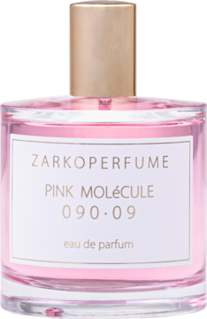 ZARKOPERFUME Pink Molecule 090.09, woda perfumowana unisex w różowej butelce ze złotą nakrętką, widok z przodu.