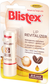 Blistex Lip Revitalizer, nowy nawilżający balsam do ust z peptydami i olejem kawy, przód opakowania.