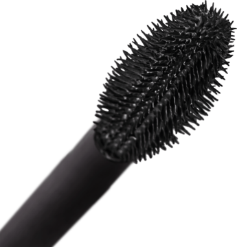 Zbliżenie na czarną, silikonową szczoteczkę tuszu do rzęs Bourjois Volume Glamour Max Définition z krótkimi włoskami.