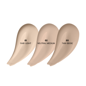 Trzy smugi podkładu AA Blur Sheer: Fair-Light, Neutral Medium, Tan-Beige, widok z przodu, białe tło.