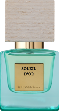 Rituals Soleil D'Or damska woda perfumowana. Turkusowa butelka z drewnianym korkiem i złotą etykietą, widok z przodu.