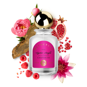Olfactica Mystic Angel, woda perfumowana. Butelka z różową etykietą, otoczona peoniami, granatem i malinami.