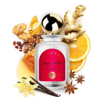 Damskie perfumy Olfactica Spicy Vanilla w butelce, wokół imbir, wanilia, pomarańcza, anyż, miód. Widok z przodu.