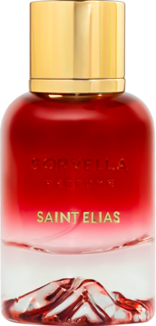 Woda perfumowana Sorvella Saint Elias unisex, butelka czerwono-przezroczysta ze złotą nakrętką i rzeźbionym dnem.