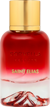 Sorvella Saint Elias woda perfumowana, widok z przodu. Czerwono-przezroczysta butelka ze złotą nakrętką i fasetowanym dnem.