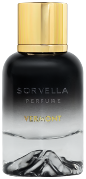 Sorvella Vermont woda perfumowana. Widok z przodu butelki czarno-przezroczystej z złotym korkiem i rzeźbionym dnem.