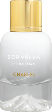 Sorvella Charles woda perfumowana unisex, elegancka biała butelka ze złotą nakrętką i fakturowanym dnem.
