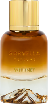 Sorvella Whitney, drzewne perfumy unisex w eleganckiej, brązowo-złotej butelce z rzeźbionym dnem, widok z przodu.