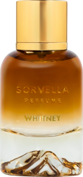 Sorbella Whitney perfumy unisex drzewne w bursztynowej butelce ze złotą nakrętką i rzeźbioną podstawą, widok z przodu.