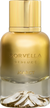 Pionowa Sorvella Marcy eau de parfum. Złota butelka, matowy korpus, przezroczysty dół z falistym wnętrzem.