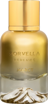Sorvella Marcy woda perfumowana, złota butelka z wytłoczonym logo, szklany spód, podstawa z rzeźbą góry.