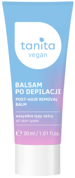 Tanita wegański balsam po depilacji 30ml, do wszystkich typów skóry, niebiesko-różowa tubka, przód.