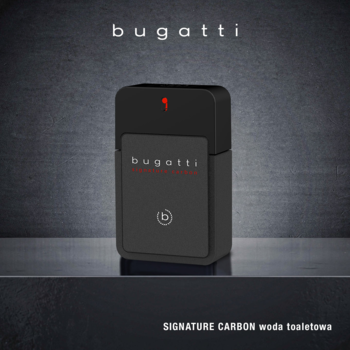 Bugatti Signature Carbon woda toaletowa męska, ciemna, prostokątna butelka z matowym wykończeniem i czerwonym akcentem.
