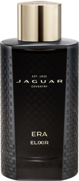 Jaguar Era Elixir, męska woda perfumowana. Czarna butelka, złota zakrętka, tekstura z geometrycznymi perforacjami.