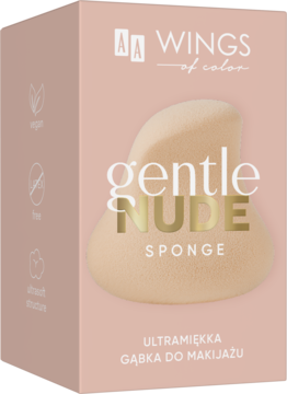 Pudełko AA Wings of Color Gentle Nude ultramiękkiej gąbki do makijażu, widok pod kątem, z beżową gąbką na froncie.