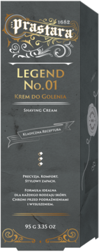 Krem do golenia Prastara Legend No.01 w ciemnoszarym kartonie ze złotymi detalami, widok z przodu.