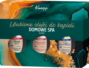 Zestaw Kneipp Domowe SPA: trzy olejki do kąpieli (Czarci Pazur, Kwiat Migdału, Paczula), zielone opakowanie.