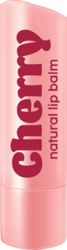 Jasnoróżowy balsam do ust Cherry naturalny, w tubce z pionowym napisem 'Cherry natural lip balm'.
