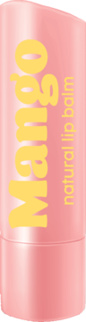 Różowy balsam do ust BeBio Mango, z żółtym napisem "natural lip balm". Widok z przodu, pionowo.