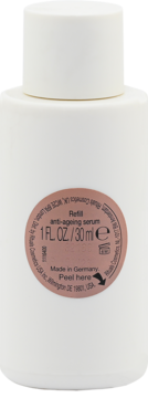 Biała butelka serum przeciwstarzeniowego Rituals. Okrągła etykieta "Refill anti-ageing serum" 30ml, widok z przodu.