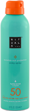 Rituals Karma nawilżające mleczko do opalania SPF 50, turkusowa butelka z pomarańczową nakrętką, widok z przodu.