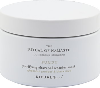 Biała maseczka Rituals The Ritual of Namaste Purify purifying charcoal wonder mask, z ghassoul i czarnym błotem, widok z przodu.